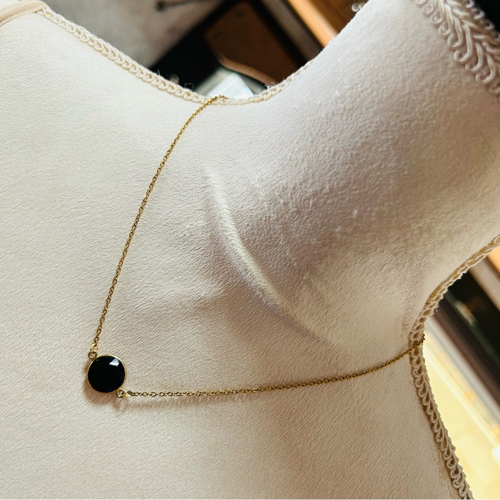 Handcrafted faceted dome jet black glass dual sided pendant on chain necklace